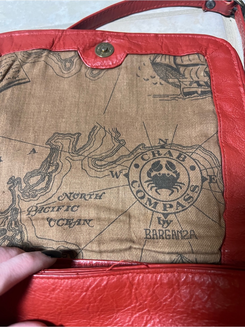 Vintage BARGANZA Red Leather Crossbody Flap Bag Map Lining - Picture 11 of 11